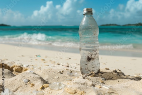 A close-up of a weathered plastic bottle filled with murky, polluted water lying on a pristine beach.