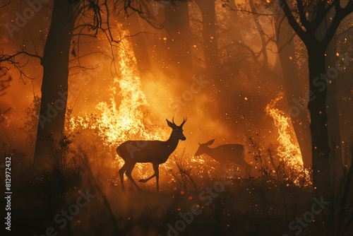 Deer fleeing through a smoke-filled forest, urgent escape from an approaching wildfire 