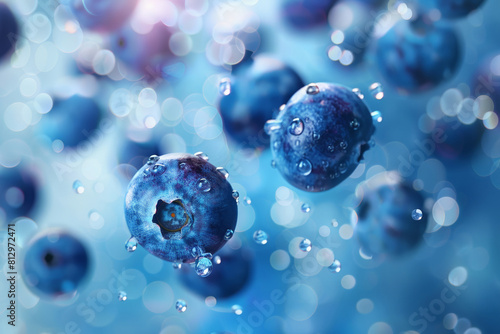 Digital abstract of floating blueberries in a dream-like setting, surreal blues and soft focus 