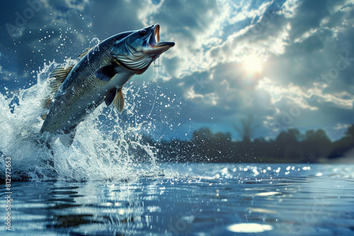 Dramatic catch scene with a large fish jumping out of the water while being hooked, action-packed moment 