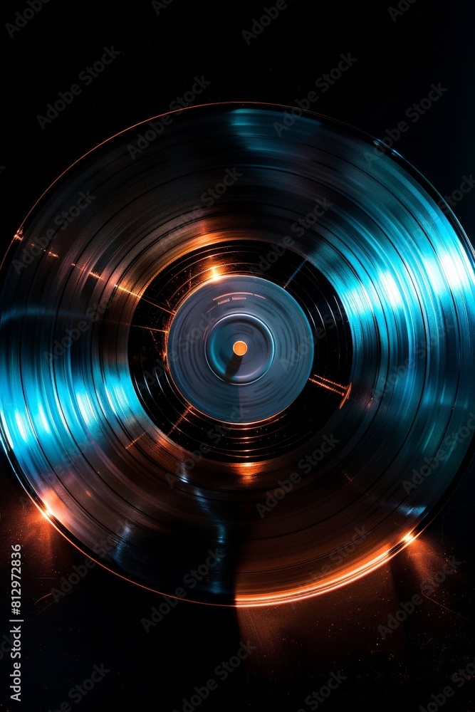 A single, glowing vinyl record with a spinning label, on a black background A single, glowing vinyl record with a spinning label, on a black background
