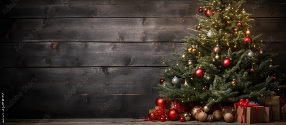 A festive Christmas fir tree adorned with decorations displayed on a rustic wooden board creating an inviting copy space image A festive Christmas fir tree adorned with decorations displayed on a rustic wooden board creating an inviting copy space image