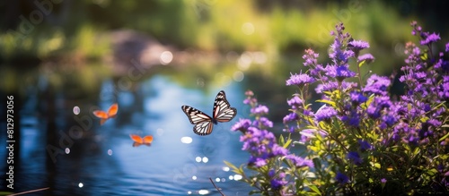 Copy space image Butterflies playfully flutter around vibrant violet flowers near a peaceful pond at the enchanting Macaulay Mountain Nature Preserve in the scenic town of Picton Ontario photo