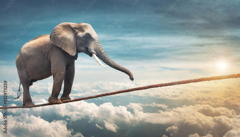 Obraz premium Elephant balancing on tightrope - Life balance, stability concept