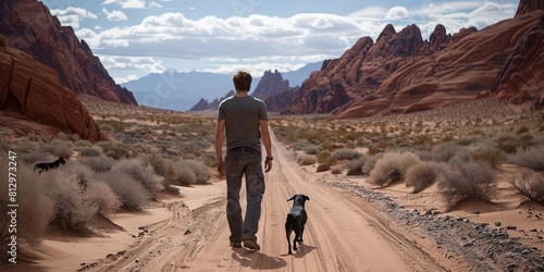 Man walking dog while hiking in nature photo
