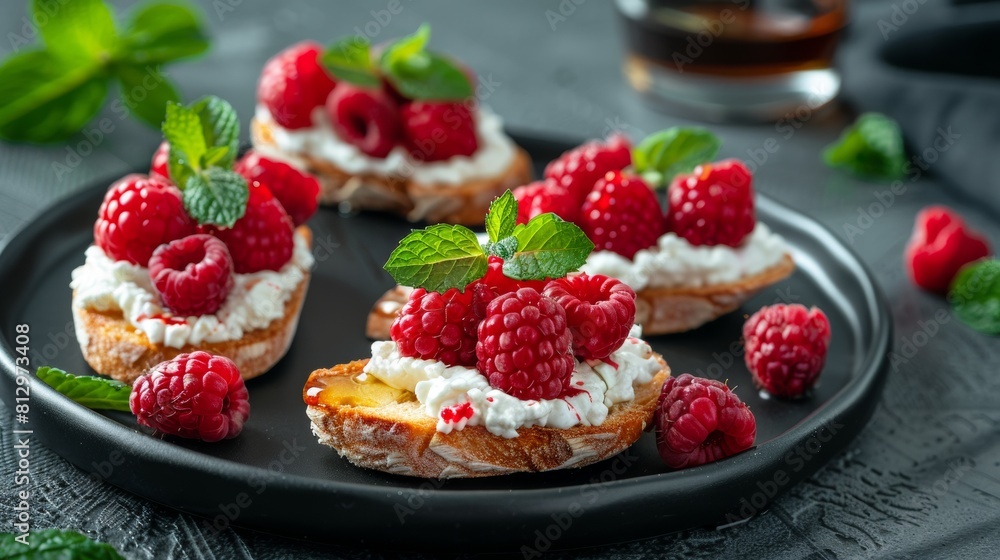 Crostini with raspberries and goat cheese, sprinkled with fresh raspberries. Sprinkled with honey and decorated with fresh mint leaves. Crostini with raspberries and goat cheese, sprinkled with fresh raspberries. Sprinkled with honey and decorated with fresh mint leaves.