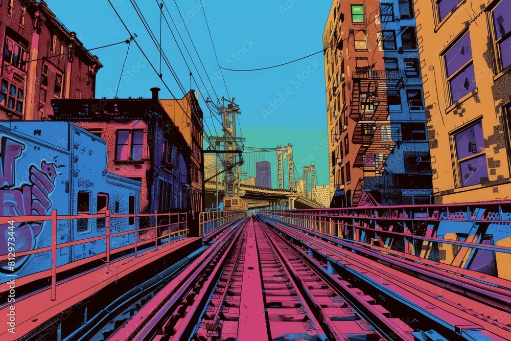 Vibrant digital artwork depicting train tracks leading through a stylized city with comic flair
