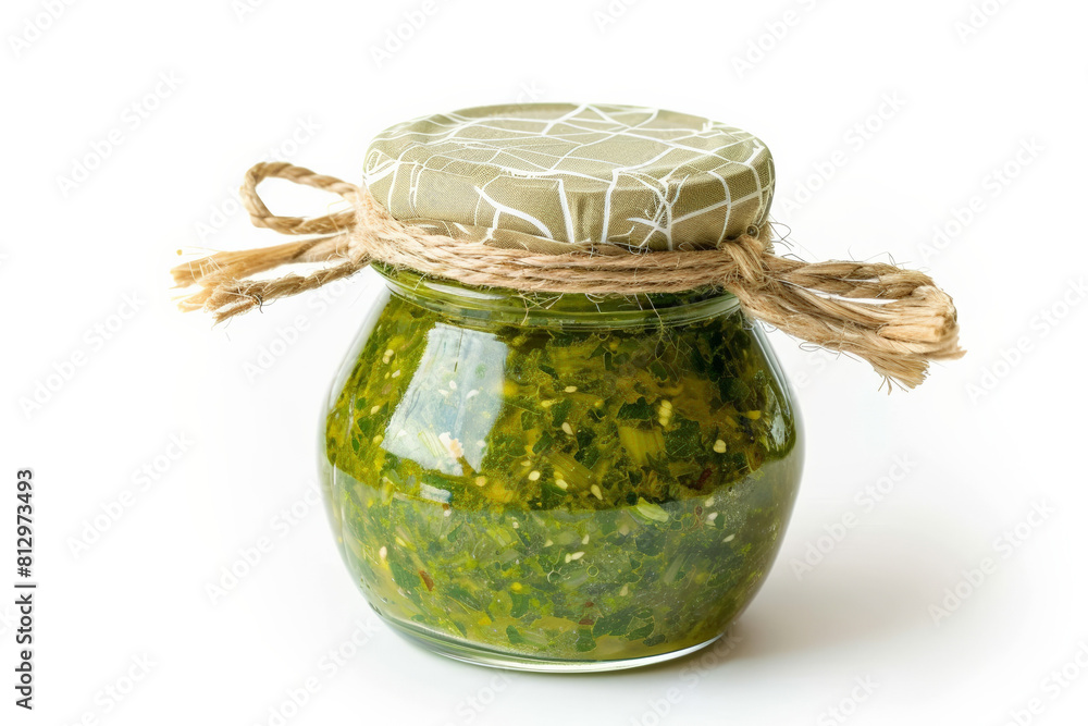 Glass jar of homemade pesto sauce, vivid green, isolated on a white background, side view Glass jar of homemade pesto sauce, vivid green, isolated on a white background, side view