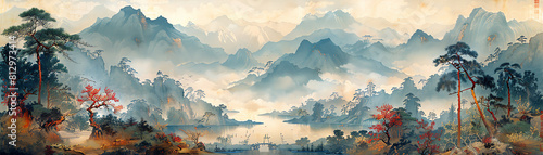 An old oriental landscape painting photo