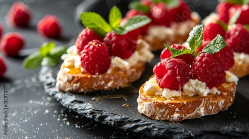 Crostini with raspberries and goat cheese, sprinkled with fresh raspberries. Sprinkled with honey and decorated with fresh mint leaves.