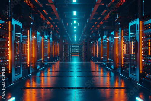 Futuristic server room with glowing lights, symbolizing powerful AI computing capabilities, cool blue tones  photo