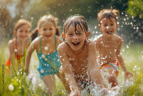 Group of children playing in a sprinkler to escape the heat  joyful splashing on a hot day 