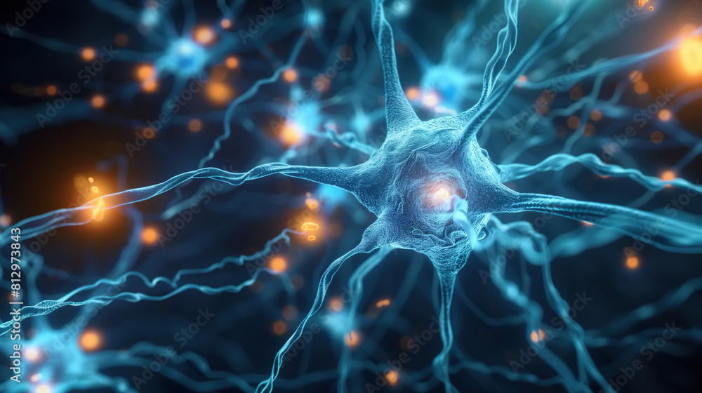 Close-up of glowing brain neurons. Neural network of the brain, neural activity. Neurology, science and research. Brain function, learning and cognition concepts. Close-up of glowing brain neurons. Neural network of the brain, neural activity. Neurology, science and research. Brain function, learning and cognition concepts.