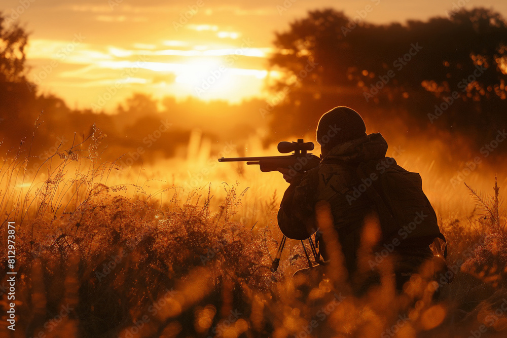 Hunter crouched and aiming in a field at sunrise, the golden light casting long shadows 