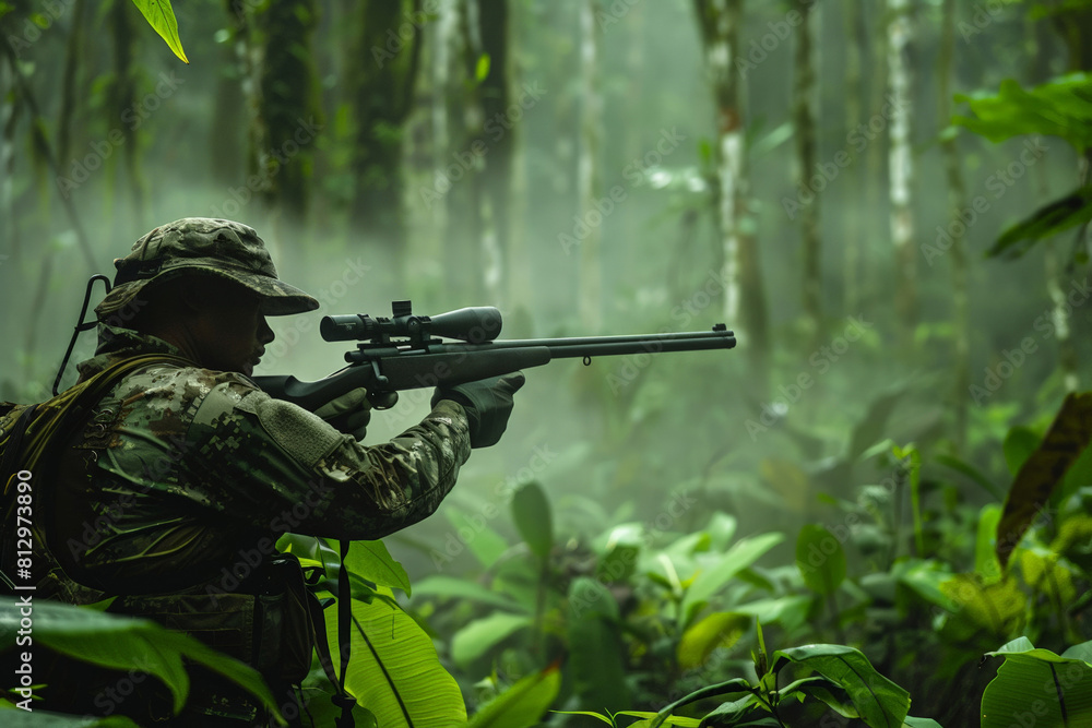 Fototapeta premium Hunter in camouflage gear aiming a rifle, early morning mist swirling through a dense forest 