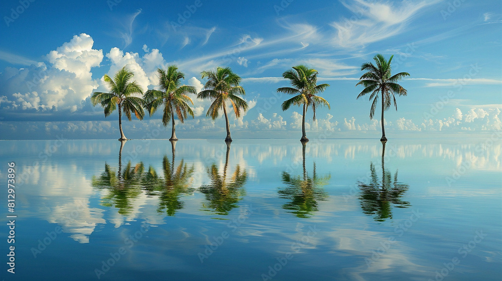 Palm trees mirroring in the still water with a bright blue sky and white clouds behind them.