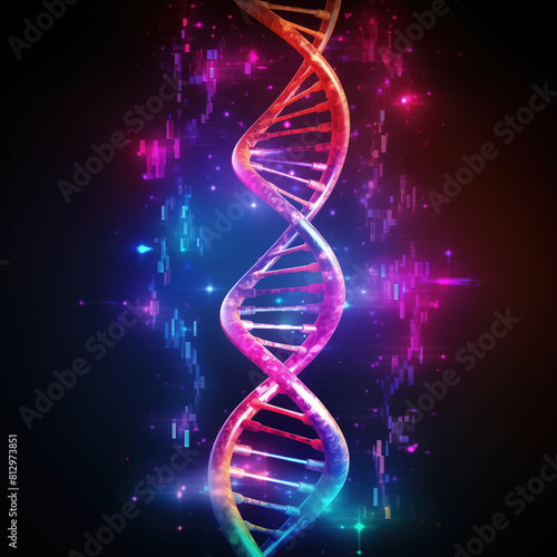Colorful DNA strand with neon glow effect on dark technological background. Abstract representation of glowing DNA molecule. Science, research and technology concept.