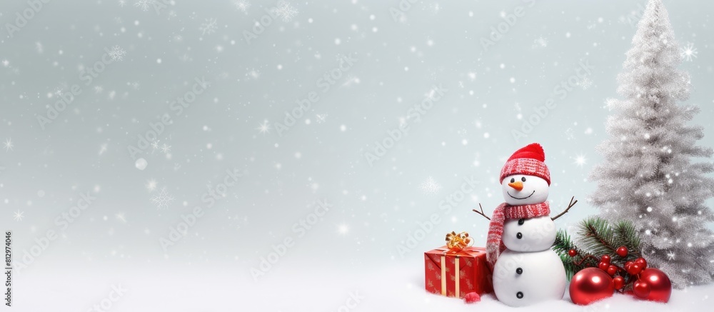 Xmas greeting card with a copy space image showcasing a Christmas snowman toy a gift box and a fir tree branch providing room for your heartfelt greetings Xmas greeting card with a copy space image showcasing a Christmas snowman toy a gift box and a fir tree branch providing room for your heartfelt greetings