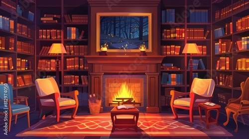A cozy living room with a fireplace and a large collection of books
