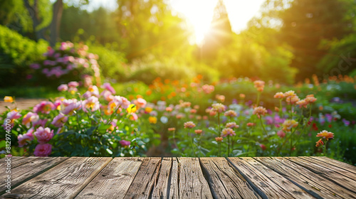 Wooden table in a lush garden with flowers in the background
