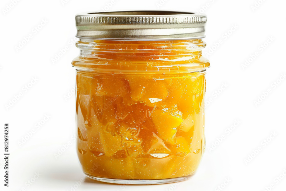 Mason jar of vibrant orange mango chutney, sweet and tangy, isolated against a white background 