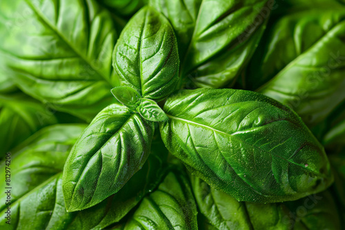 Macro shot of basil leaf texture, detailed focus on the veins and vibrant green color 