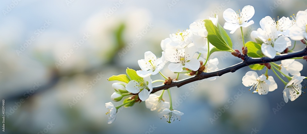 Close up macro image of blooming cherry branches with white flowers in the background of spring nature The vegetation is portrayed with depth of field creating a captivating copy space image Close up macro image of blooming cherry branches with white flowers in the background of spring nature The vegetation is portrayed with depth of field creating a captivating copy space image