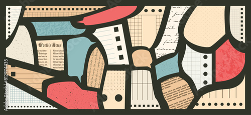 Paper Cut elements set for Collage. Pieces of retro Newspaper with vintage text made with scissors. Clipped Sheets of abstract Notebook with smooth sharp corners. Trendy grunge shapes for scrapbook