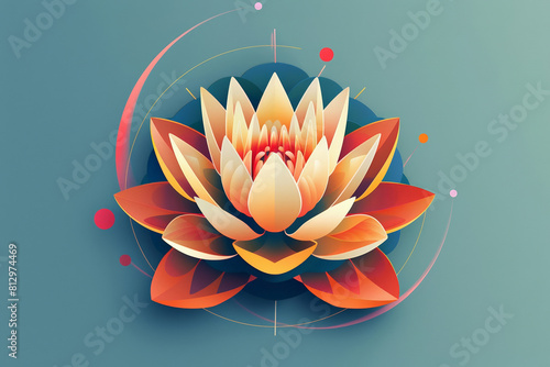 Minimalist geometric shapes forming a stylized lotus  bold colors on a tranquil blue background 