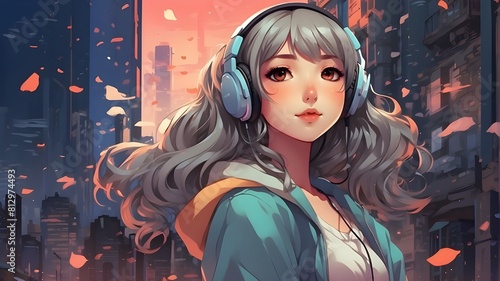 Gorgeous anime girl wearing headphones and enjoying some lofi hip-hop music. Manga, cartoon illustrations.