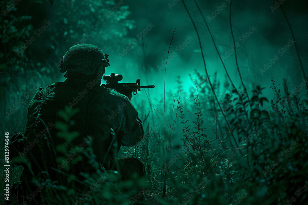 Night vision view of a hunter tracking wildlife, green glow and eerie silence enhancing the suspense Night vision view of a hunter tracking wildlife, green glow and eerie silence enhancing the suspense