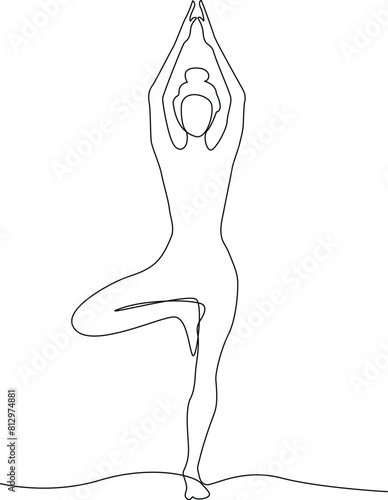 Woman Doing Yoga Vrikshasana Pose , Tree Pose Continuous Line Art