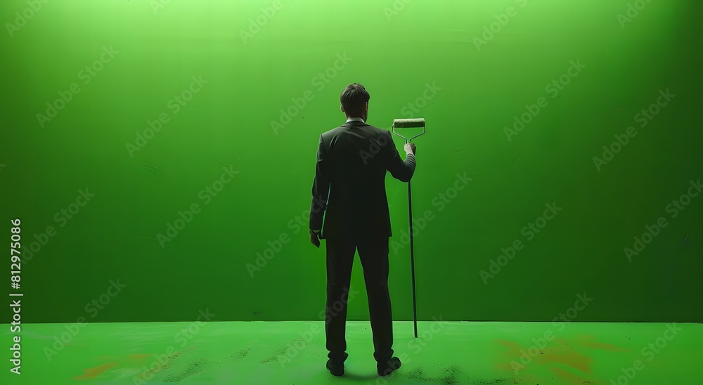 A man in a suit paints the wall green with a roller A man in a suit paints the wall green with a roller