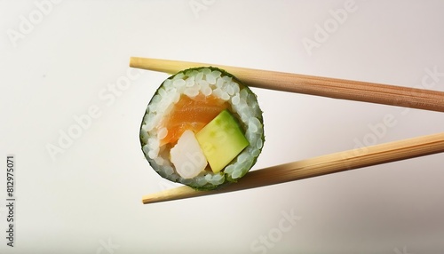  Close-up view of a sushi roll held by chopsticks against a white background, highlighting fresh ingredients