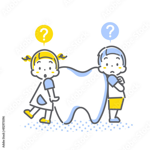 歯について考える子供たち　シンプルでお洒落な線画イラスト