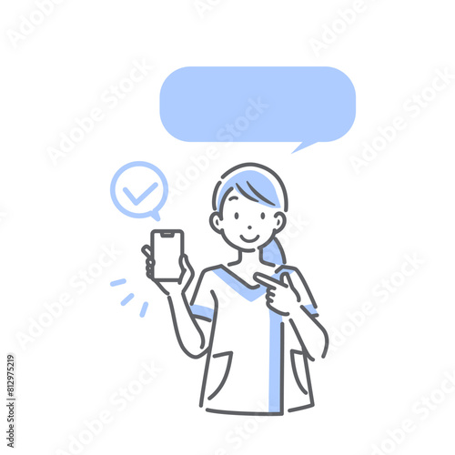 笑顔でスマホ予約を説明をする歯科衛生士　シンプルでお洒落な線画イラスト