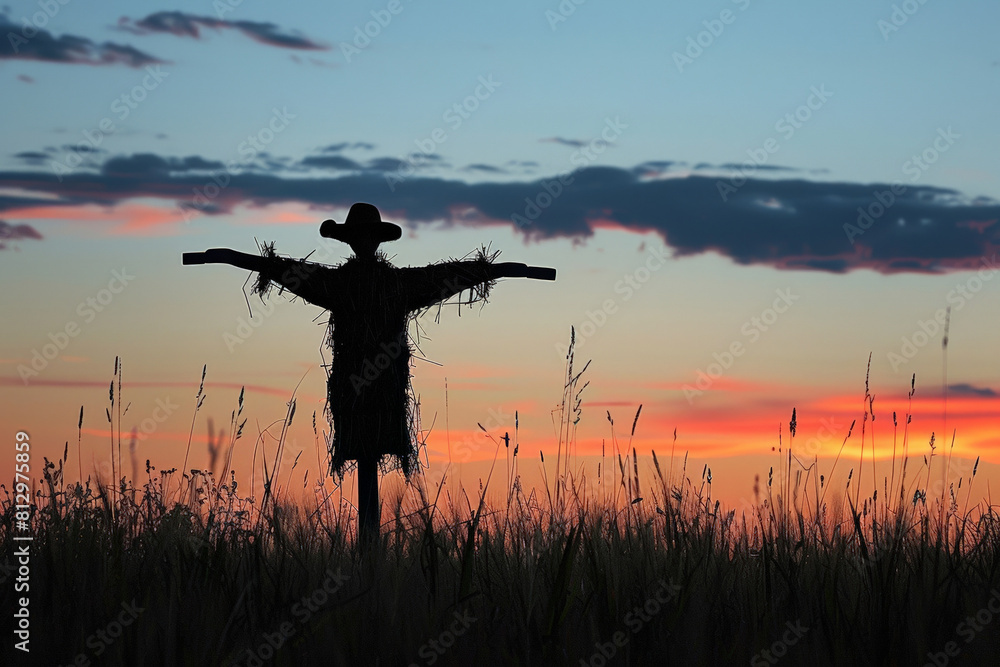 Silhouette of a scarecrow in a barren field at dusk, aftermath of a heatwave, eerie calm Silhouette of a scarecrow in a barren field at dusk, aftermath of a heatwave, eerie calm