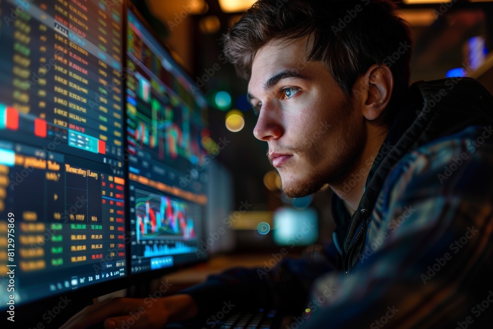 Financial analyst deeply focused on a spreadsheet on a computer, Young male analyst scrutinizing financial data on screens, deep in thought, reflects determination, analytical environment Financial analyst deeply focused on a spreadsheet on a computer, Young male analyst scrutinizing financial data on screens, deep in thought, reflects determination, analytical environment