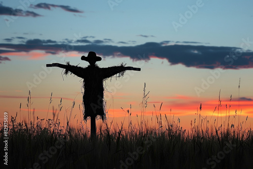Silhouette of a scarecrow in a barren field at dusk, aftermath of a heatwave, eerie calm 