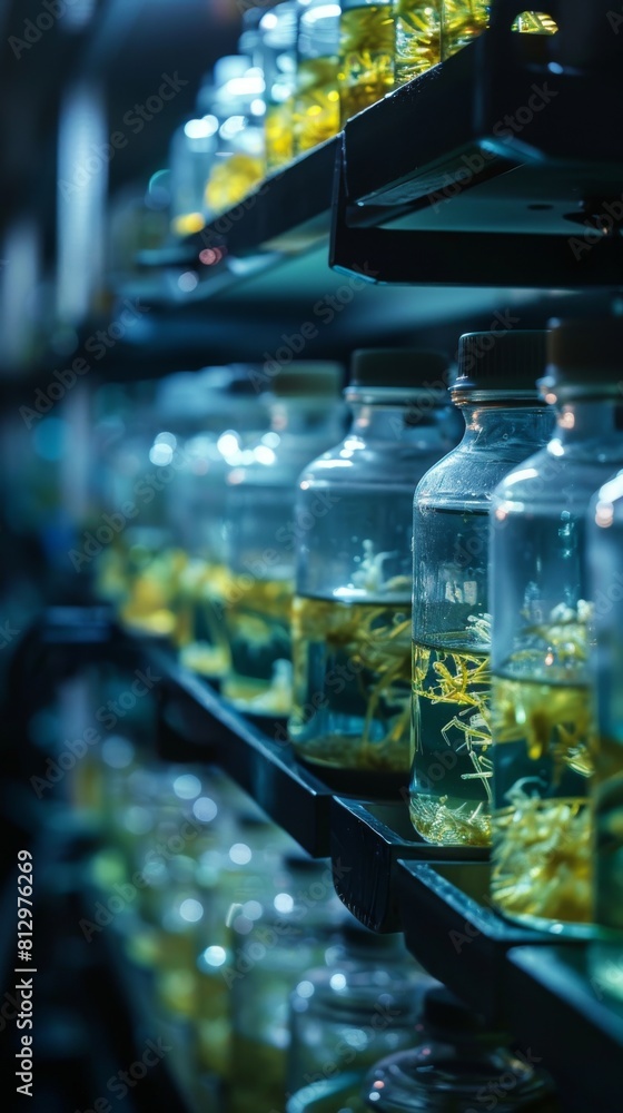 A row of glass bottles with liquid inside them A row of glass bottles with liquid inside them