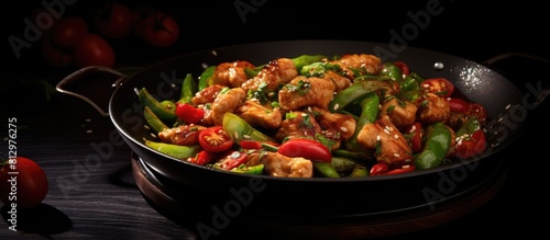 A savory Chinese dish featuring pork green pepper and cherry tomato stir fried together creating a vibrant and enticing copy space image