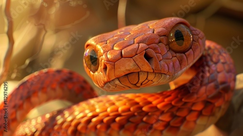 A close up of a red snake with its head up and looking at the camera