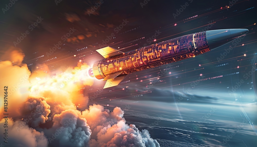A hack-themed double exposure graphic showing a missile launch with a digital code overlay, representing cyber warfare and the integration of hacking in modern military strategies, A hack-themed double exposure graphic showing a missile launch with a digital code overlay, representing cyber warfare and the integration of hacking in modern military strategies,