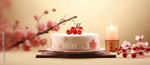 A birthday cake celebration is adorned with decorative elements and a Chinese word for Longevity It creates an ideal copy space image for an elderly person s special day