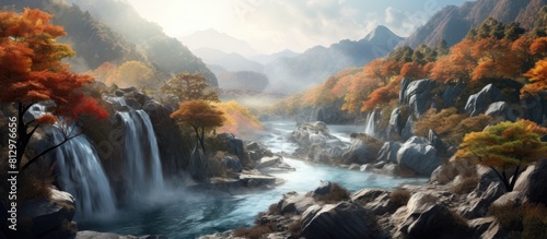 The autumnal mountains serve as a picturesque backdrop for the pristine waterfall creating a serene and refreshing copy space image