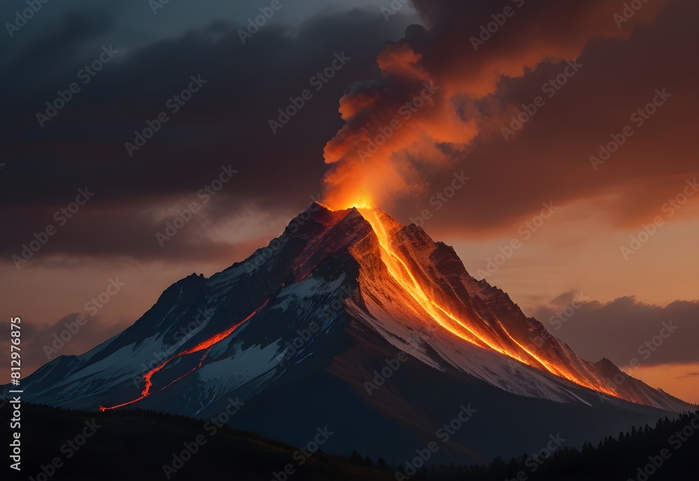 a mountain that breathes fire at sunset, generative AI a mountain that breathes fire at sunset, generative AI