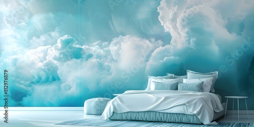 Dreamy pop art decor with fluffy white clouds above a bed. Concept Cloud-themed Bedroom Decor  Pop Art Aesthetic  Dreamy Interior Design