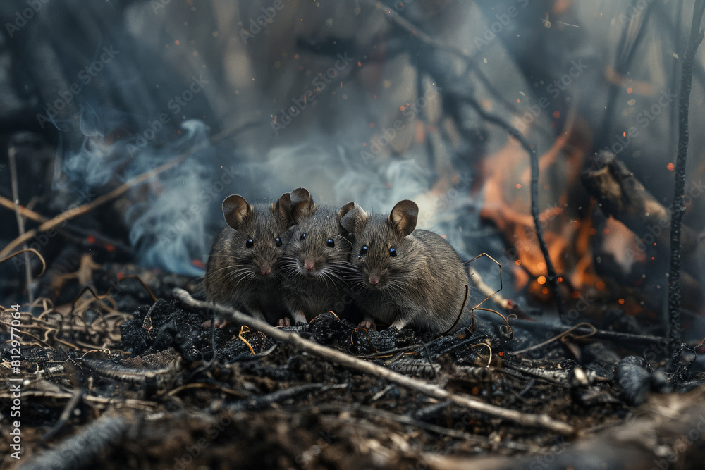 Small mammals huddled in a cleared area, surrounded by smoke and embers, desperate for safety Small mammals huddled in a cleared area, surrounded by smoke and embers, desperate for safety
