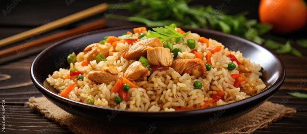 A delicious Chinese dish consisting of fried rice with carrots and chicken. Copyspace image A delicious Chinese dish consisting of fried rice with carrots and chicken. Copyspace image