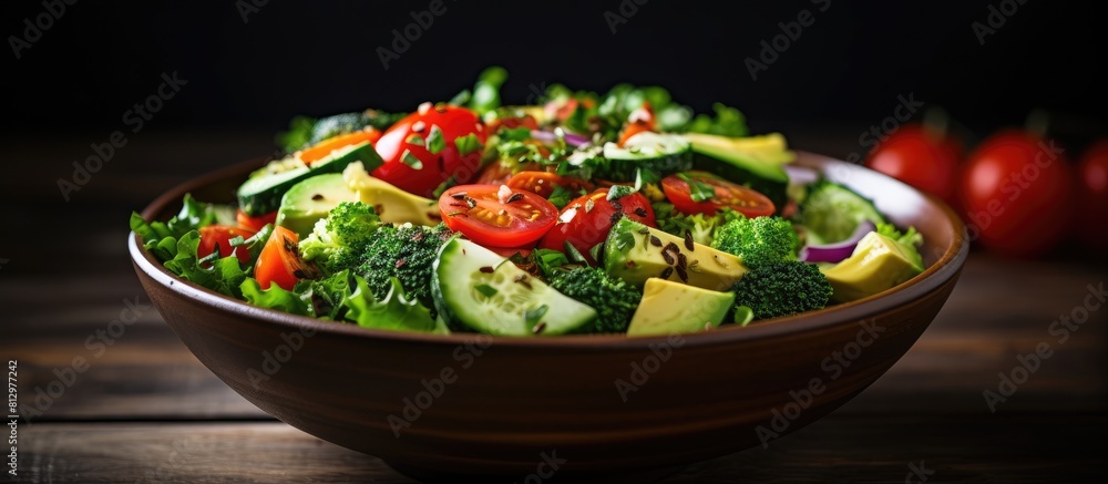 A fresh and vibrant salad featuring a colorful mix of avocado tomatoes cucumber broccoli and spinach perfect for a healthy meal. Copyspace image A fresh and vibrant salad featuring a colorful mix of avocado tomatoes cucumber broccoli and spinach perfect for a healthy meal. Copyspace image